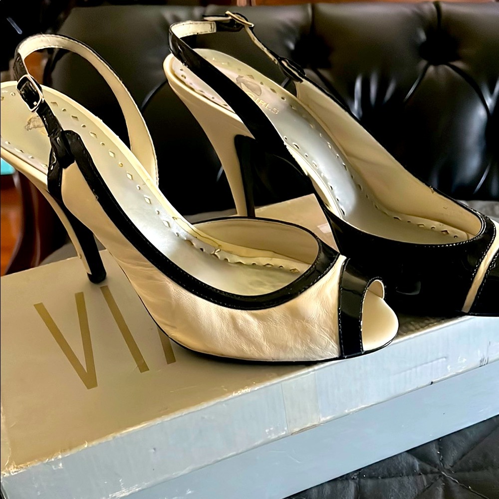 Vince Camuto Black and Cream Slingback Heels